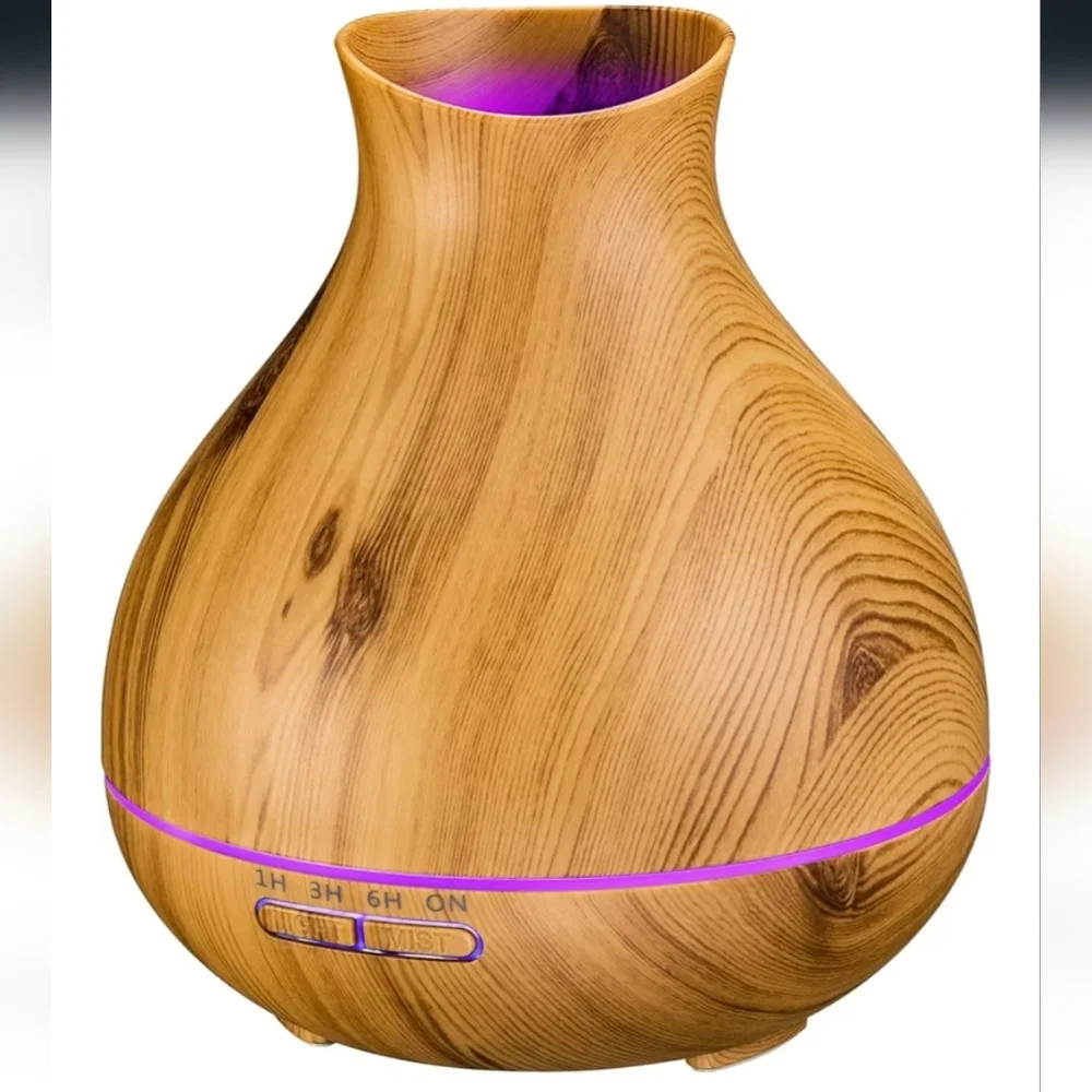 Wood-Grain Ultrasonic Vase Diffuser with Purple Accent